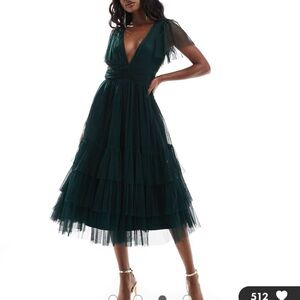 ASOS Lace & Beads Bridesmaid Madison v neck tulle midi dress in dark green